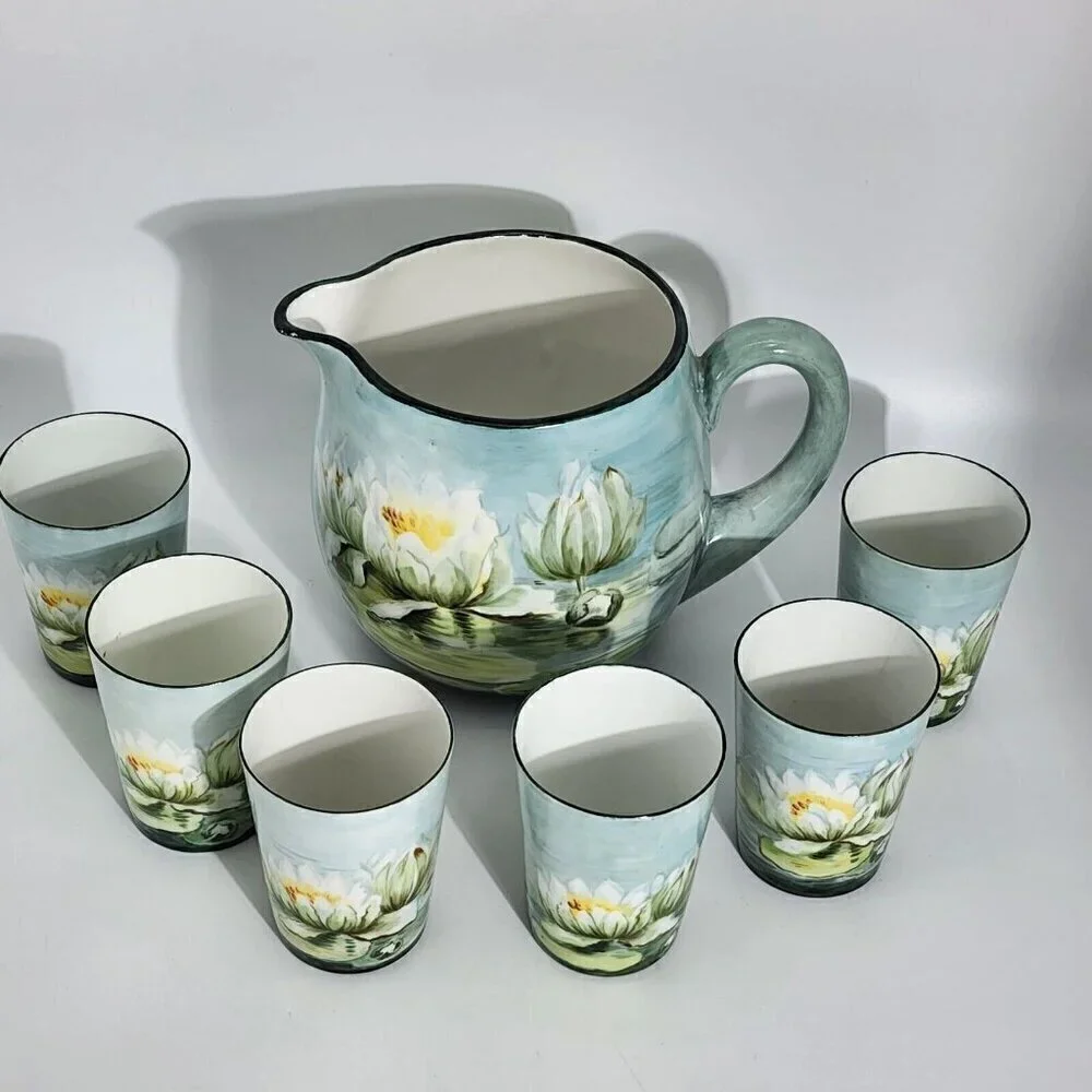 D&C France Vintage Hand Painted Pitcher and Glass Set of 7 Water Lily Green Trim